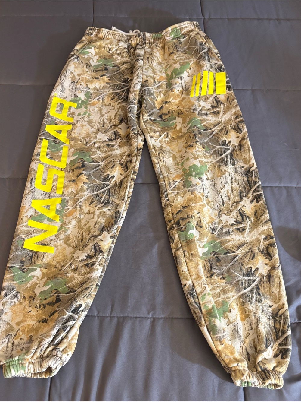 Tilly's Realtree Camo Joggers with Neon Yellow NASCAR Print
